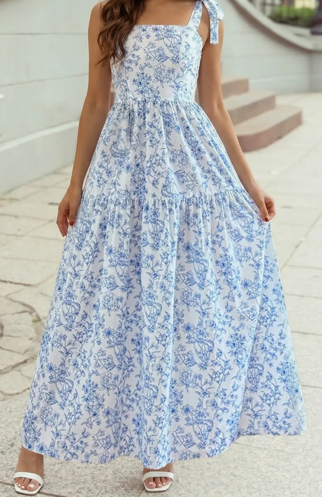Floral Print Knot Straps High
Waist Flared Maxi Dress