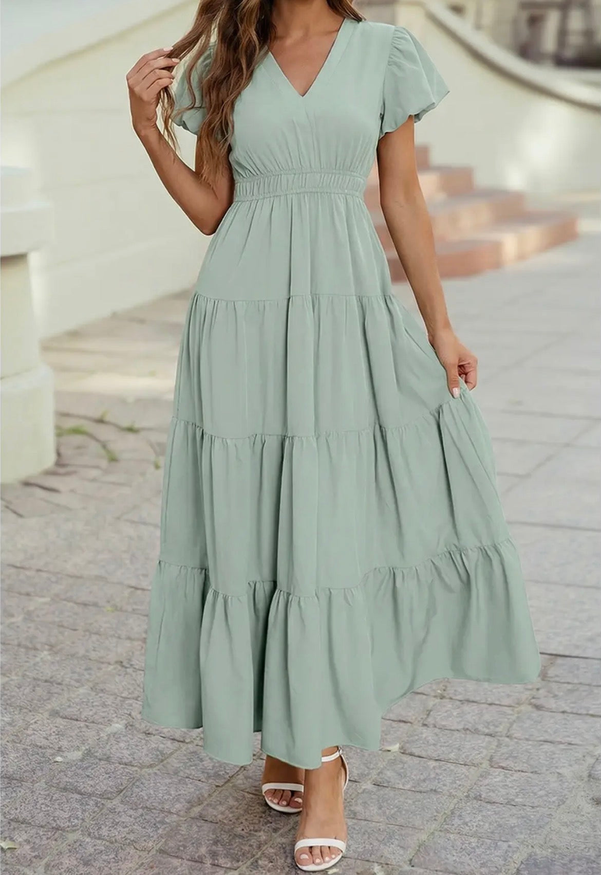 V Neck Short Puff Sleeve High Waist Tiered Maxi Dress